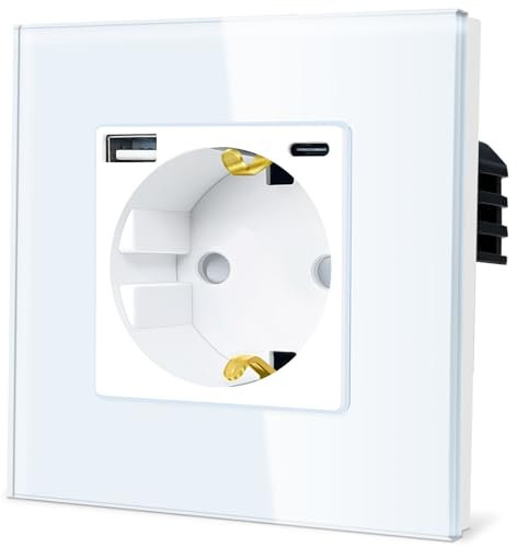 TAWOIA Schuko Steckdose mit USB C 20W, EU-Standard 1 Fach Unterputz Steckdose mit Kristall Glas Platte Wandsteckdosen Weiß 86 * 86mm