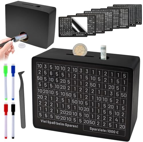 SOETDERT Spardose, Sparbox mit Ziel, Sparbox mit Zahlen, Spardose Zum Ankreuze, Sparschwein mit Sparziel, Holz Spardosen €500 €1,000 €2,000 €5,000 €10,000 Euro, Keine Montage (Schwarz)