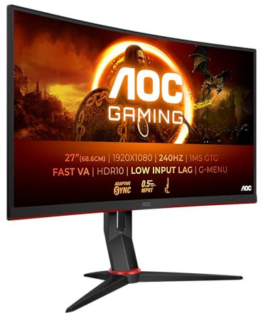 AOC Gaming C27G2Z3 Monitor curvo FHD da 27, 240Hz 280Hz Overclocked VA veloce 1ms GtG HDR10 Supporto regolabile in altezza Freesync 1920 x 1080, 300cd/m2, HDMI 2.0/DP 1.2, 27 pollice FHD Curvo