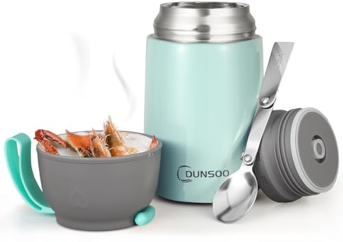 DUNSOO Termosbehållare för mat 650 ml | Värmebehållare för mat rostfritt stål med vikbar sked | Thermo lunchlåda perfekt för förvaring av soppor, gröt, glass och yoghurt. (Ljusgrön, 650 ml)