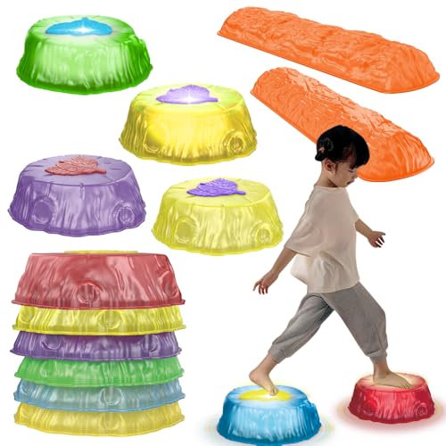 Pwtuuki Stepping Stones Kids Balance Beam w/Led Lights, Non-slip Textured Surface & Bottom, 8Pcs Kids Balance Beam Combo Set, Stepping Stones Garden Toys, Obstacle Course Indoor Outdoor Toys