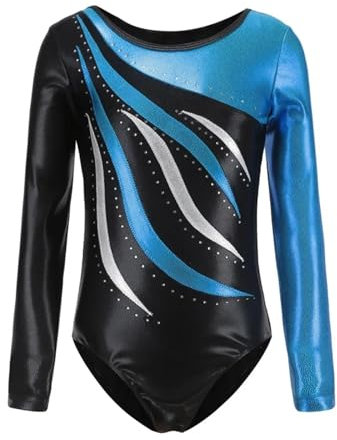 EKalgretrA Gymnastikanzug Mädchen Ballett Gymnastik Anzug Langarm Trikots Tanz Praxis Kleidung Mädchen Diamant Bodysuit collant gimnastic kostüm(Blue,165)