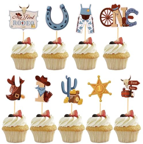 45pcs Cowboy Birthday Cupcake Toppers, 9 Styles One Birthday Muffin Decorations Rodeo Cupcake Picks Boy 1st Birthday Cupcake Toppers for Cowboy Theme Party
