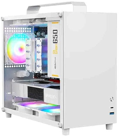 ALAMENGDA V500 Mini boîtier d'ordinateur portable M-ATX/ITX, mini tour en acrylique transparent avec poignée, prend en charge la taille du GPU de 320 mm (Blanc-2.0)