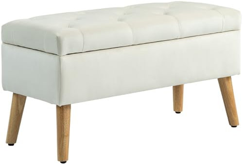 HOMCOM Banco de almacenaje, Caja de almacenaje, con Tapa, Tejido Efecto Terciopelo, Patas de Madera, Capacidad de Carga hasta 120 kg, para salón, Dormitorio, Pasillo, 80 x 35 x 40 cm, Crema