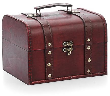 IGNPION Wooden Pirate Treasure Chest Boxes, Vintage Style Gift Box Decorative Jewelry Trinket Storage Chest Box, Wood Keepsake Box for Coin Collection,Letter, (Red, L)