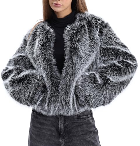 Amazhiyu Manteau en Fausse Fourrure pour Femmes avec Poches, Veste d'Hiver à Manches Longues Col Ras du Cou à Ouverture Devant Vêtement d'Extérieur Cardigan Chaud en Peluche, Noir , L