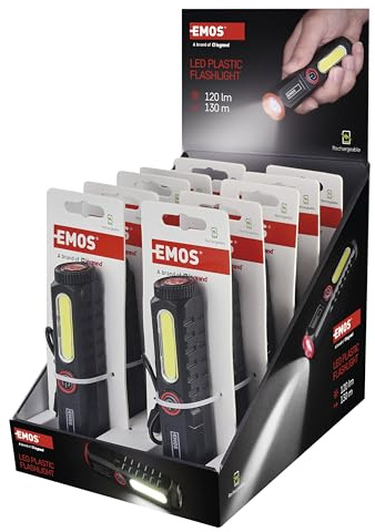 EMOS aufladbare LED Taschenlampe mit Magnet und Klipp, 10 Stück - 2 Lichtquellen - Lichtstrom 120 lm, 130 m Leuchtweite - 400 mAh Akku Li-Ion - 2 h Einsatz - inkl. USB-C Ladekabel - Family-Pack