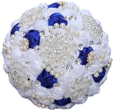 cocoontail Bouquet de mariée en soie fait à la main avec strass et perles – Bouquet de mariage artificiel pour mariée, demoiselles d'honneur, photographie, 11 couleurs (blanc + bleu roi)