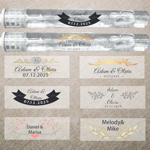 Personalisierte Hochzeits-Luftblasen-Etiketten, personalisierbar, transparent, Seifenblasen-Zauberstab, Namentext, Logo-Aufkleber, Partygeschenk-Etiketten (5,7 x 2 cm), 100 Stück