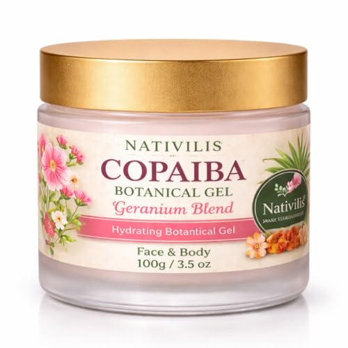 Nativilis Copaiba Gel con aceite de geranio 100 g – Gel facial y corporal natural – Con aloe vera – Vegano y libre de OGM