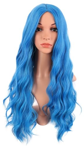 MapofBeauty 28 Inch Long Wavy Synthetic Fiber Curly Wig, Mixed Light Blue