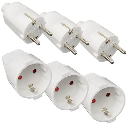 3 Paar Schuko Stecker Kupplung, 250V 16A IP54 Gummi Schukokupplung Set, Schutzkontakt Stecker, 2-polig Aussen Wasserdicht Schukostecker und Gummikupplung ohne Kabel, Weiß