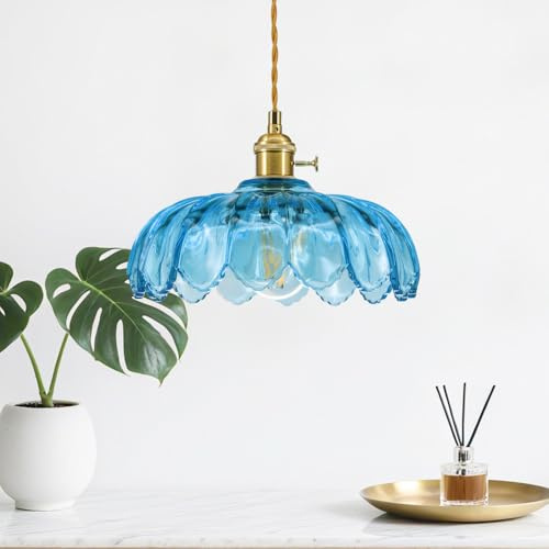 YLTLINK Lámpara colgante de loto azul para mesa de comedor, lámpara colgante de cristal vintage con casquillo E27, altura ajustable, moderna lámpara colgante retro, pantalla de cristal de loto, de