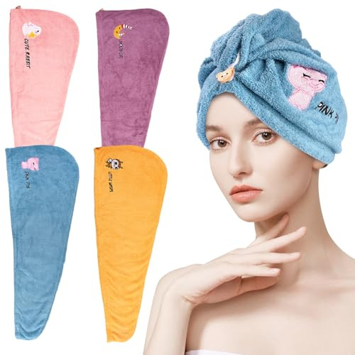 Vylro 4 Pezzi Asciugamano per Capelli Super Assorbente e Rapida, 65 x 25 cm | Asciugamani Turbante in Microfibra con Bottone, Turbante Capelli Morbido e Assorbente di Alta Qualità, per Corti e Lunghi