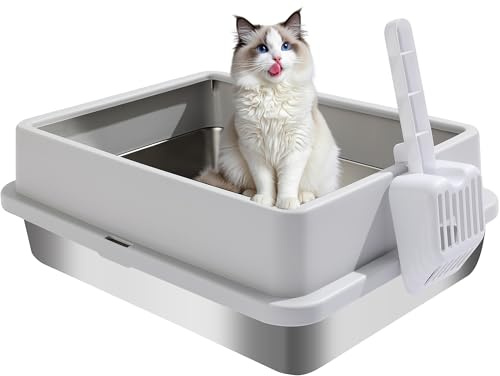 FURRYPAWS XL Stainless Steel Cat Litter Tray with Lid, 50L Extra Large Metal Cat Litter Box for Big Cats ，61x41x30cm, High Sided Litter Tray, With Litter Scoop