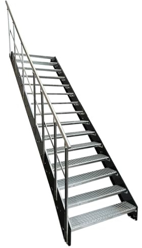 Kaminbau Mierzwa Premium Stahl Treppe mit Geländer links verzinkt/Wangen Anthrazit RAL 7016/15 Stufen verzinkt (Breite 600 mm) (Höhe 285 cm) Wetterfest Gitterroststufe Gartentreppe