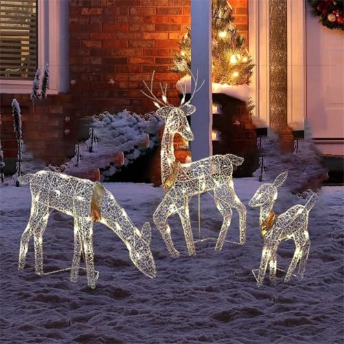 Puupaa Set di 3 renne a LED con 60 luci bianche calde per decorazione natalizia per esterni, resistente alle intemperie, decorazione da giardino (tre set di cervi)
