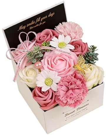 COONE 1 Stück Seifenrosen Blumenstrauß im Geschenk-Karton, Handgefertigte Duftende Seifenblumen Deko, Langlebige Künstliche Rosen für Muttertag Valentinstag Geburtstag (Rosa)