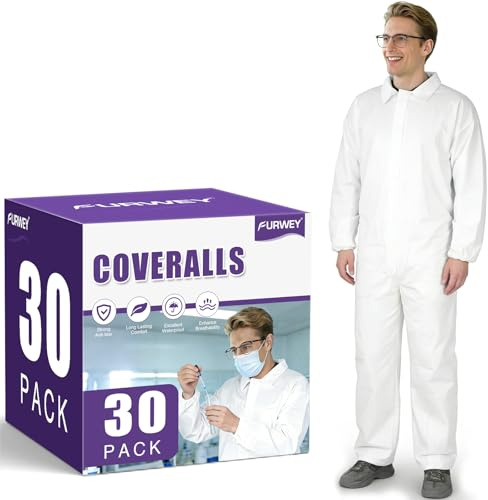 FURWEY Hazmat Suits 30 Pack Disposable Non-Hooded Protective Coveralls, Heavy Duty Full Body Painters Suit for Men & Women with Elastic Wrists, Ankles, Available in 4 sizes-3X-Large