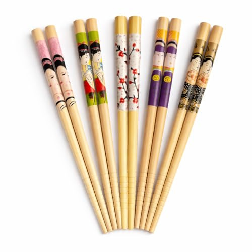 PinoLab Set 5 Paia Bacchette Sushi Giapponesi – In Legno Decorato con Disegni Tradizionali, Riutilizzabili, Ideali per Sushi, Cucina Asiatica e Regalo (Disegni casuali)