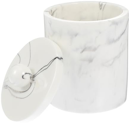 Porta Cotton Fioc in Resina Bianco con Coperchio Effetto Marmo | Forma Rotonda, Decorazione Superiore a Perla, Organizza Piccoli Articoli, Finitura Moderna e Classica Stile Casuale