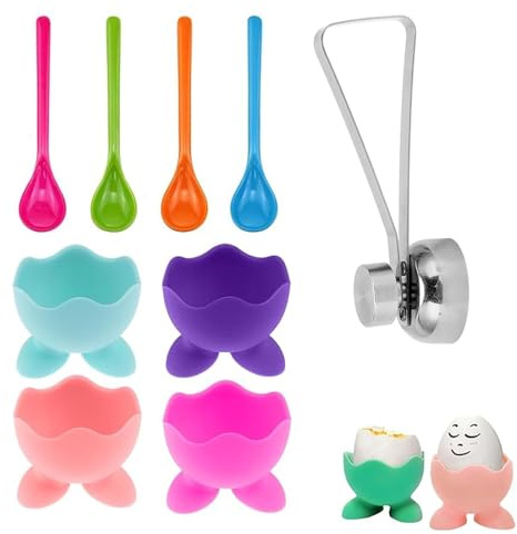 Egg Cup, 9-Piece Silicone Egg Cups Set with Egg Cracker and Spoons, Boiled Egg Stands for Family Breakfast and Kitchen Organisation, Colourful Egg Cups for Dining Tables and Gift Occasions