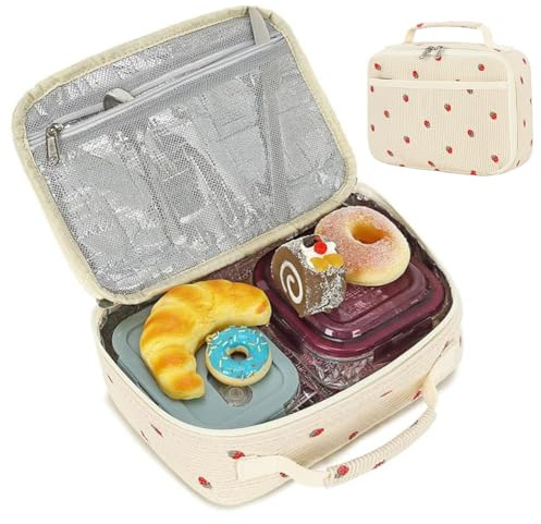 Sac à déjeuner, récipient alimentaire isotherme, 25,4 x 19,4 cm, avec construction réutilisable, support alimentaire étanche, boîte portable avec style rétro, sac de pique-nique pour femme et travail