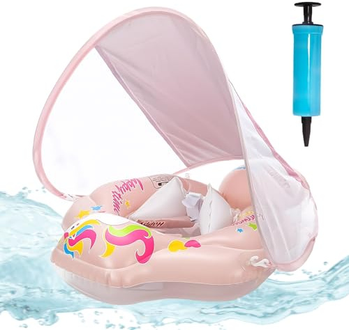 XIMEY Salvagente Neonato con Parasole, Baby Float Gonfiabile per Neonati 3-72 Mesi, Galleggiante Piscina con Cinture di Sicurezza & Camere d’Aria, Protezione UV per Mare e Piscina (F, L)