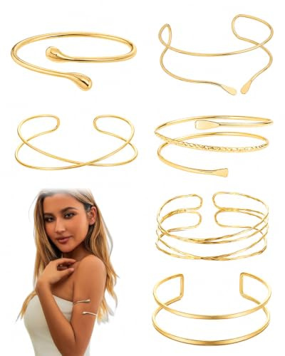 YIPFEN Lot de 6 bracelet jonc acier inoxydable femme doré réglable – Style bohème chic pour bras et poignet – Bijoux pour festivals, soirées et tenues d'été