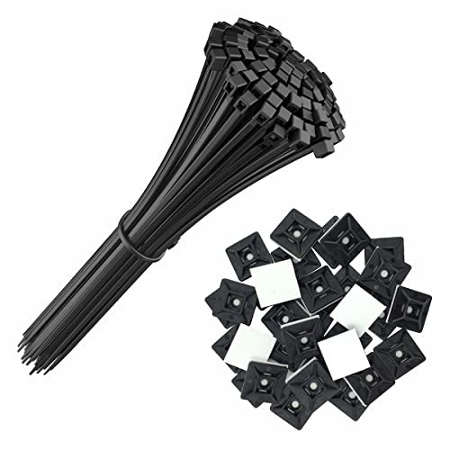 intervisio 100 pz Fascette Plastica per Cablaggio 200 mm x 2,5 mm, Nere + 50 pz 19 mm Supporto Autoadesivo Nero 19mm, Nylon Stringicavo 200mm Cavi Fermacavo