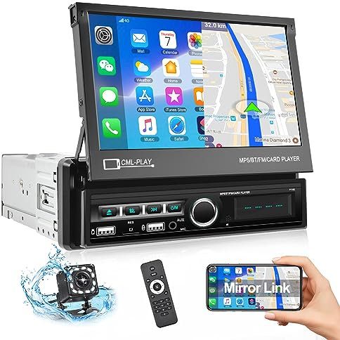 Radio de Coche 1 DIN Bluetooth CAMECHO Pantalla táctil Plegable de 7 Pulgadas Radio FM con USB AUX-in Ranura para Tarjeta SD iOS Teléfono Android Enlace Espejo + Cámara de visión Trasera