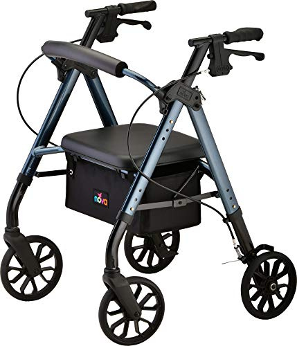 NOVA Star 8 Petite Foldable Rollator Walker, Large Padded Seat, 8” All-Terrain Wheels, Easy-Grip Locking Hand Brakes, Fold Lock, Height Adjustable, Travel-Friendly, Blue
