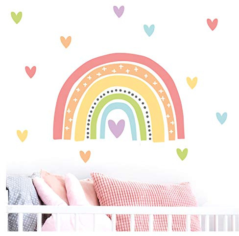 Little Deco Aufkleber Regenbogen mit Herzchen I Wandbild 113 x 81 cm (BxH) I Wandsticker Wandtattoo Mädchen Kinderzimmer Deko Sticker Mädels Folie DL506