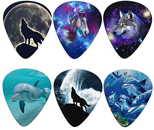 Biyejit 6 Stück Gitarrenplektren Wolf Pferd Delphin Print Gitarre Plektrum Plektrum für Bass Elektrische Akustik Gitarren Plektren