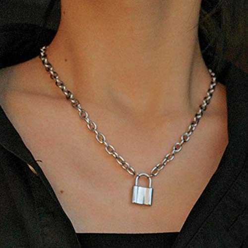 Sttiafay Punk Lock Necklace Charm Silver Cuban Link Chain Padlock Pendant Necklace Choker Collar Chain Jewelry for Women and Girls