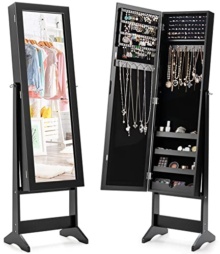 RELAX4LIFE Schmuckschrank drehbar, Schmuckregal mit kippbarem Ganzkörperspiegel, Schmuckaufbewahrung mit Tür & Ständer, Viel Stauraum für Ohrringe & Ringe & Halskette & Kosmetik & Armbänder (Schwarz)