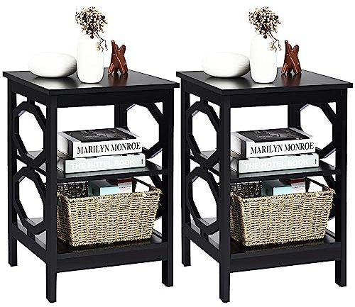 COSTWAY Nachttisch 3 Ebenen, 2er Set Beistelltisch Nachtschrank, Sofatisch Couchtisch für Schlafzimmer, Wohnzimmer 40x40x61cm (OO-förmig, Schwarz)