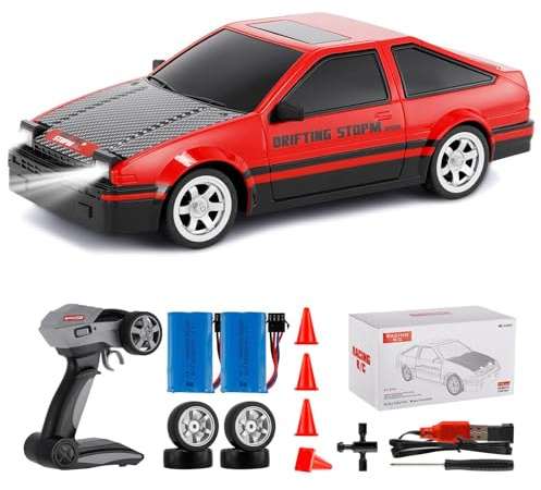 Goolsky RC Drift Car 2.4GHz 1:16 Scale 4WD High Speed Remote Control Cars Vehicle with LED Lights Two Batteries and Drifting Tires Racing Sport Toy Cars for Adults Teen, Red-2 Battery