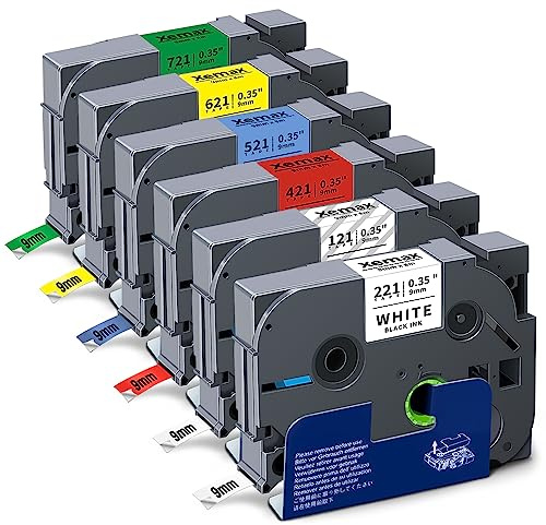 6x XemaX Kompatibel Schriftband Ersatz für Brother P-touch Bänder 9mm TZe-221 TZe-121 TZe-421 TZe-521 TZe-621 TZe-721 Etikettenband für Brother P-Touch H105 1010 H100R H110 H101C H100LB H200 D400