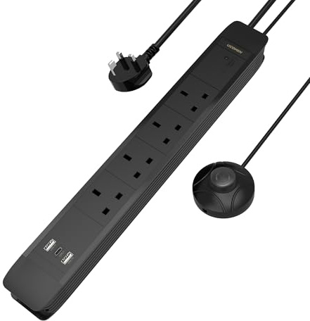 Ucomen 4 Way Extension Lead with 2M Extended Foot Operated Switch, Mountable Power Strip with 3 USB Slot, 1.5M Extension Cord, Black, 3120W/13A