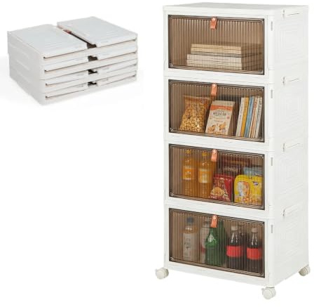 KOMFOTTEU Caja de Almacenamiento de 4 Niveles, Contenedor Apilable con Tapas y Ruedas, Caja Organizadora Transparentes, Caja Plegable para Dormitorio, Sala de Estar, 40 x 27,5 x 83,5 cm (4 Niveles)