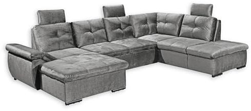 Stella Trading ALIJA Wohnlandschaft in U-Form in Grau - Ausziehbares Sofa mit Schlaffunktion, Bettkasten & Verstellbarer Armlehne - 334 x 84 (107) x 217 cm (B/H/T)