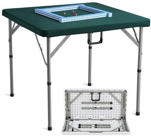VEVOR Mahjong-Tisch mit Mahjong-Steinen-Set, Kartentisch für 4 Spieler mit 144 Mahjong-Steinen & 3 Würfeln, Tragbarer, Klappbarer Dominotisch mit Verschleißfester Grüner Tischplatte & Tragegriff