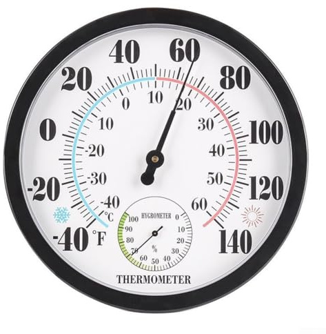 Zoegneer Thermomètre rond extérieur thermomètre et hygromètre grand écran usage domestique pointeur horloge hygromètre pour jardins balcons