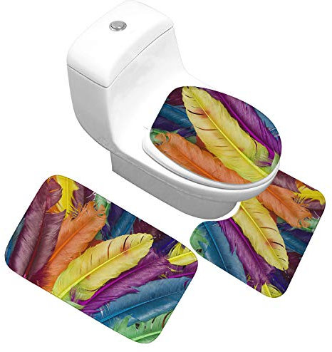 Bad Teppiche Set 3-Teiliges Feder Orange Gelb WC Vorleger Mit Ausschnitt Badematte Saugfähig WC Deckelbezug Badvorleger rutschfest Waschbar Toilettensitzbezug Badgarnitur (50x80cm)