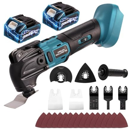 Oscillating Multi-Tool, Cordless Multitool 4° Oscillation Angle, 6 Variable Speed Oscillating Multi-Tool with Saw Accessories for Cutting Grinding (with 2 Batteries)