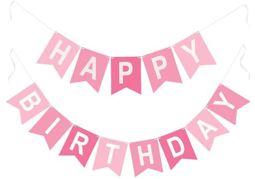 G2PLUS Pre-Strung Happy Birthday Banner - Pink, 16 x 20CM, Large Paper Bunting for Girls Kids Party Decorations, No-DIY