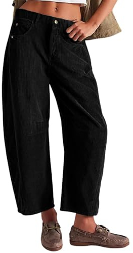 SotRong Black Vintage Corduroy Trousers Women Barrel Mid-Rise Elasticated Waist Cord Pants Casual Loose Fit Baggy Wide Leg Capris Harem Pants Winter Autumn Warm Leisure Trousers with Pockets L