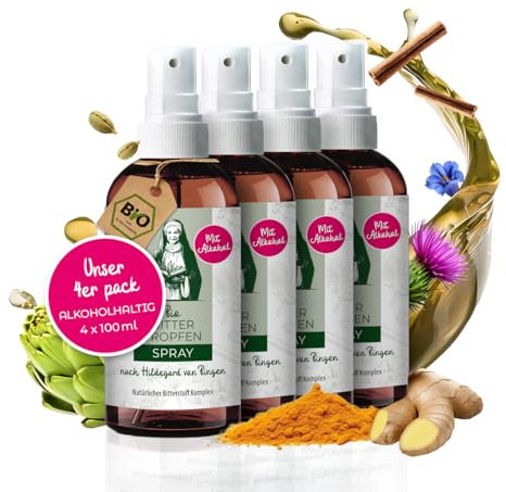 Aura vom Land Bio Premium Bitterstoffe Spray nach Hildegard von Bingen 4x100ml Set – Hochdosiertes Bitterspray Bittertropfen – 9 Natürliche Bitterkräuter Vegan – Bitter Komplex Made in Germany